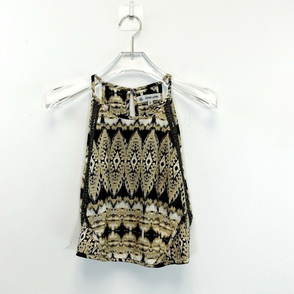 Beaded Crop Top Womens S Black Tan Ikat Halter Cut Out Boho Festival JOHN JOHN